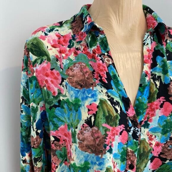 Zara Women's M Blue Pink Pastel Watercolor Button Down Shirt Top Hawaiian Beach - Picture 7 of 14